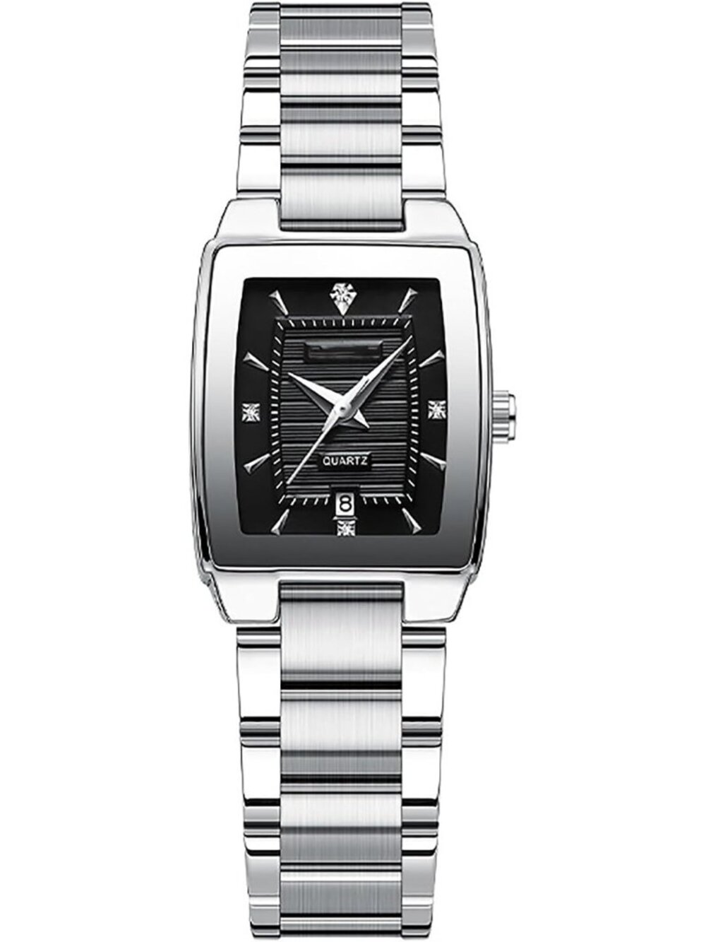 Women's Silver Black Square Dial Roman Numeral Stainless Steel Band Quartz Watch